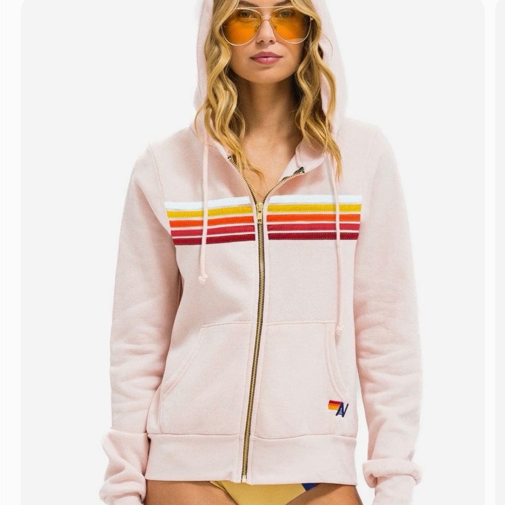 Aviator Nation Light Pink Hoodie with Rainbow Stripes